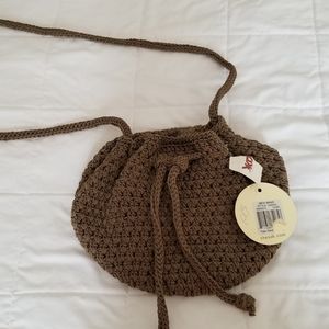 Crochet drawstring purse taupe